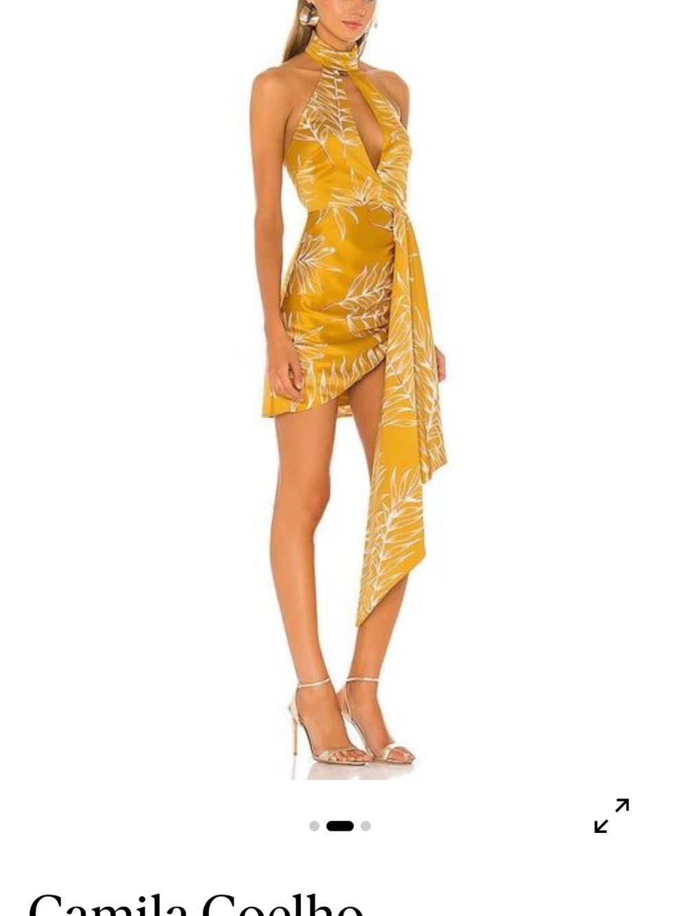 Camila Coelho Mustard Halter Tie-Front Mini Dress with Leaf Print
